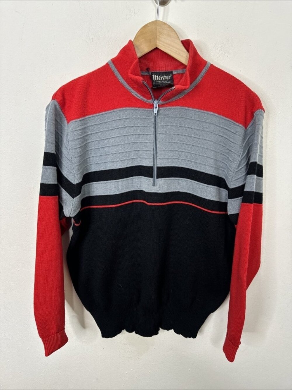 Vtg 80s MEISTER Sweater Pullover 1/4 Zip Black Red Gray Wool Blend SKI Men's S